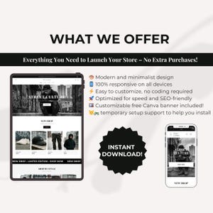 May include: A digital marketing graphic with the text "WHAT WE OFFER" and "Everything You Need to Launch Your Store - No Extra Purchases!". The image shows a tablet and a smartphone displaying a website design, with the words "STREET CULTURE" and "INSTANT DOWNLOAD!"