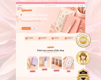 May include: A website interface for a stationery shop named Daisy Dream featuring a peach color palette. The page displays text including Launch Your Store In 1 Day, Paper that makes you want to write, and categories for notebooks, pens, and cards.