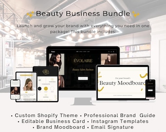 Luxus Beauty Business Bundle | Bearbeitbares Brand Kit für Salon & Spa | Shopilly Theme, Logo und Instagram Templates