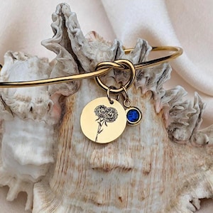 Personalized Knot Bangle Bracelet – Engraved Birth Flower & Birthstone Charm, Gold or Silver Stainless Steel