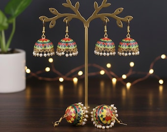 Hand Painted Jhumka Earrings | Indian Enamel, Pearl Dangle