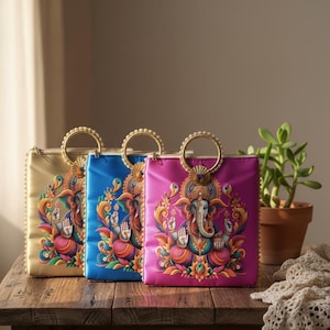 Ganesha-handväska i siden, tryckta detaljer, andlig etnisk väska, handgjord indisk tygväska 23 x 20 cm