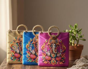 Silk Ganesha Handbag, Printed Detail, Spiritual Ethnic Purse, Handmade Indian Tote 9x8 inch