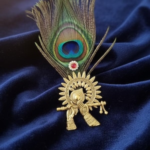 Broche de plumas de pavo real con flauta Krishna / Broche de perla Kundan india / Joyería étnica tradicional para bodas, festividades y regalos de regreso imagen 2