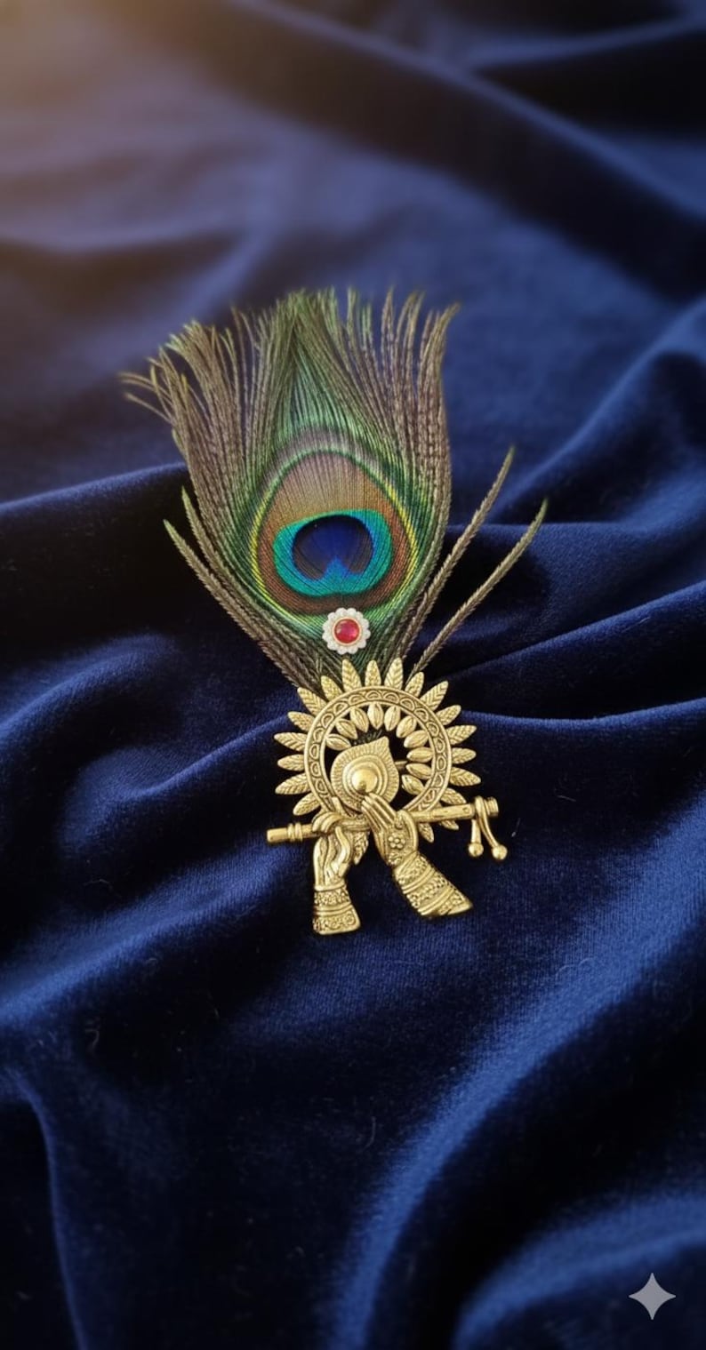 Broche de plumas de pavo real con flauta Krishna / Broche de perla Kundan india / Joyería étnica tradicional para bodas, festividades y regalos de regreso imagen 2