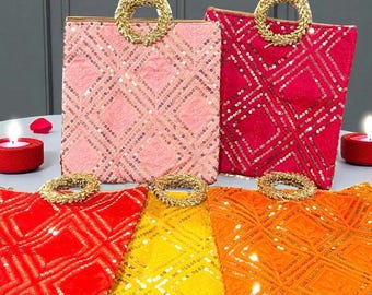 Bolso de mano de seda Gotta Patti, detalles étnicos, bolso hecho a mano de Jaipur, nuevo bolso tote indio de 9 x 8 pulgadas.