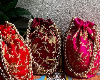 Bolsas Potli de seda bordadas - Recuerdo de boda indio, juego de 100