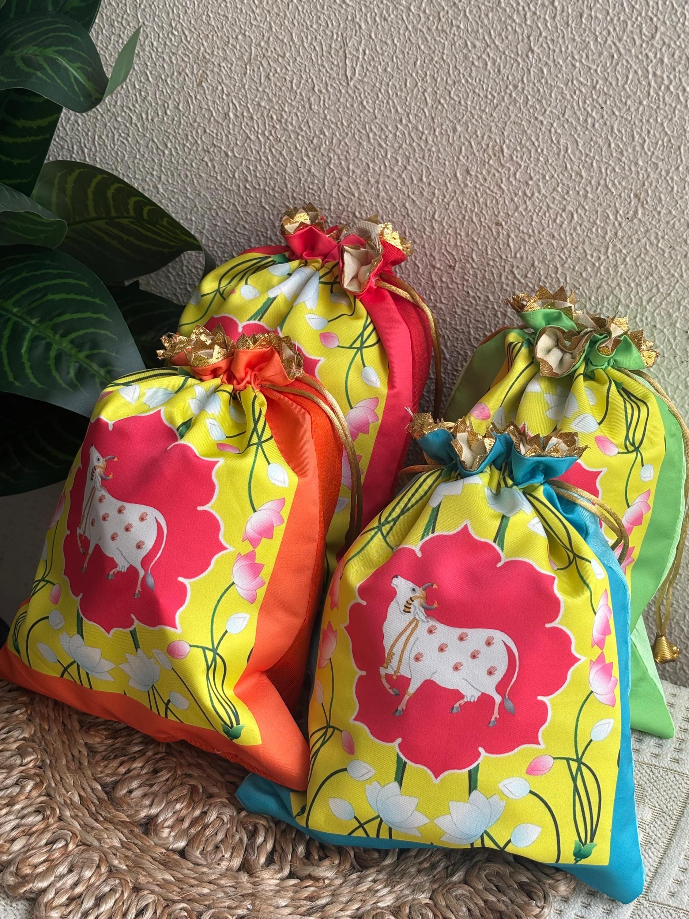 Handmade Pichwai Printed Silk Potli Bag Assorted Colors, Shagun