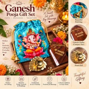 May include: A Ganesh Pooja gift set featuring a bright blue drawstring potli bag with a colorful illustration of Lord Ganesh, a gold-toned leaf-shaped diya lamp, and a wooden Ganesh Chalisa book with Hindi text, all presented on a wooden tray.