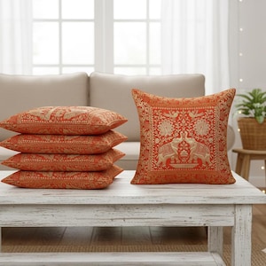 Orange Gold Brocade Cushion Covers | Indian Elephant Peacock Pillow Cases (Set of 5)