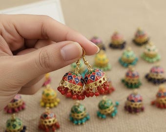 Handbemalte Jhumka Ohrringe | Indische Emaille Perlen Anhänger