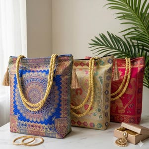Banarasi Silk Tote Bag, Indian Ethnic Wedding Favors, Rajasthani Design