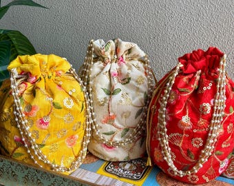 Bolsas Potli de seda bordadas - Recuerdo de boda indio - Juego de 100