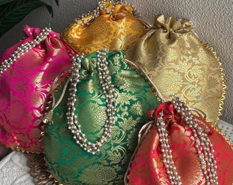 Bolsas Potli de seda Banarasi - Recuerdo de boda indio hecho a mano - Lote de 100