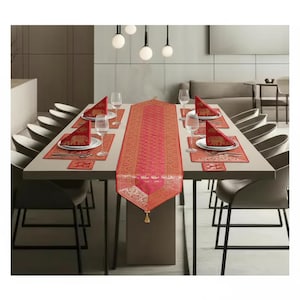 Red & Gold Elephant Brocade Table Runner with 6 Placemats - Indian Dining Decor