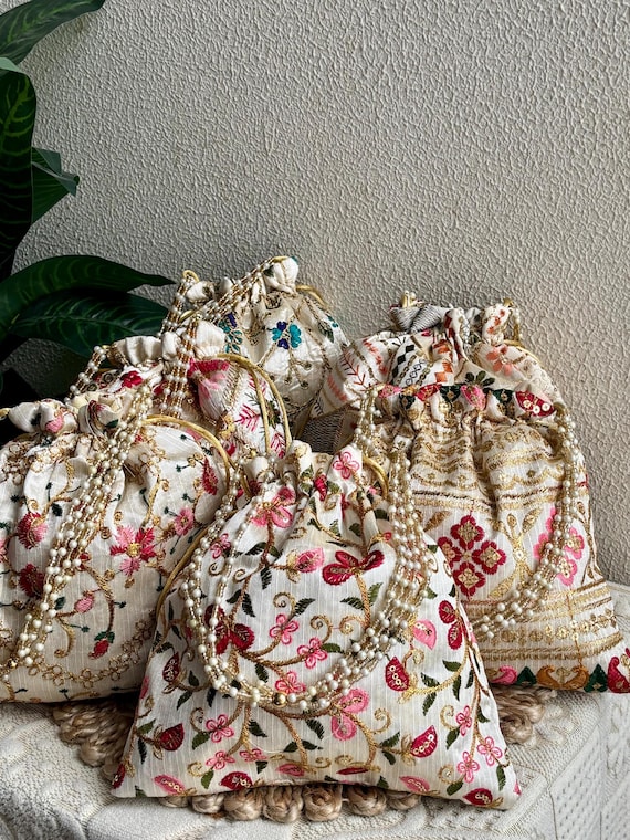 Handmade Floral Embroidered Potli Bag | Pearl Handle Wedding Favor