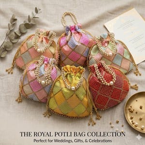 May include: A collection of colorful potli bags with a checkered pattern. Each bag features a drawstring closure, pearl accents, and a beaded handle. The bags are in various colors, including pink, yellow, and red. The text "THE ROYAL POTLI BAG COLLECTION" is at the bottom.