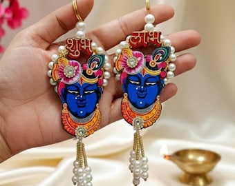 10 Paar Set Handgefertigte Shubh Labh Wandbehang mit Shrinath Ji Motiv | Perlen Quaste Indianer Tür Dekor für Diwali, Pooja & festliches Zuhause