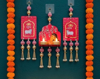 Handgemachtes Shubh Labh & Kuh Wandbehang Set - Traditionelle Indische Tür Dekoration für Puja Raum, Diwali, Housewarming Geschenk