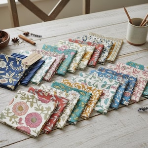 May include: A collection of folded floral fabric napkins in various colors, including blue, pink, and yellow, arranged on a light wooden table. A small wooden bowl with spices, a pencil holder, and a notebook are also present.