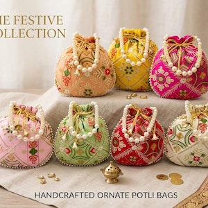 Bolsas Potli de seda bordadas - Recuerdos de fiesta hechos a mano en la India (lote de 200 unidades, 9x9 pulgadas)