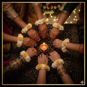 May include: A top-down view of multiple wrists adorned with floral bracelets. Each bracelet features white and yellow flowers. A small, lit oil lamp sits in the center, surrounded by hands with henna designs. The scene is set on a patterned surface.
