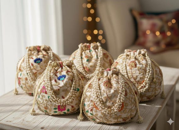 Embroidered Silk Potli Bag - Indian Handmade Party Favor (Lot of 100 Pcs, 9x10 inches)