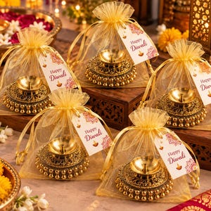 May include: Five gold-toned metal diya lamps with intricate circular bases and hanging bead accents, each individually packaged in a sheer gold organza drawstring gift bag with a white tag printed with the text Happy Diwali and a small diya icon.