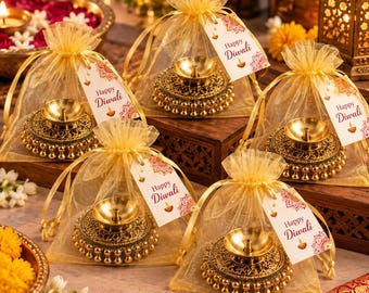 Ghungroo Diya in Organza Potli Bag, Diwali Gift Favor, Indian Wedding Return Gift, Decorative Oil Lamp, Diwali Party Favor, Festive Gift
