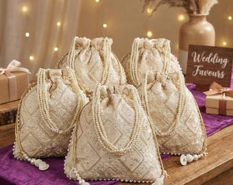 Ivory Pearl Embroidered Potli Bag Luxury Wedding Favors for Guests Indian Bridal Batwa Bridesmaid Gift Bags