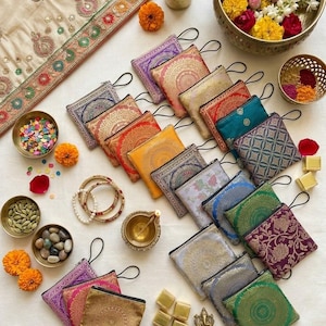 Bulk Banarasi Silk Jewelry Pouches Indian Wedding Return Gifts Assorted Mandala Brocade Potli Bags for Shagun Mehndi Favors & Diwali Gifting