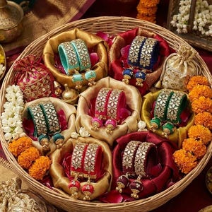 May include: A circular woven basket displaying sets of bangles and earrings in various colours. The bangles are decorated with floral designs and come in teal, blue, green, pink, and red. The earrings match. The basket is surrounded by flowers.