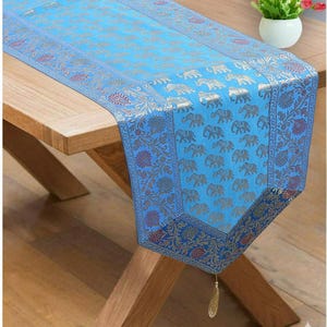 80X14 Inches Luxury Royal Turquoise Elephant Brocade Satin Table Runner
