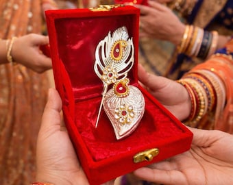 Silver Plated Kumkum Gift Set, Peacock Feather, Red Velvet Box