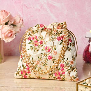 Embroidered Silk Potli Bag - Floral Party Favor - Set of 100
