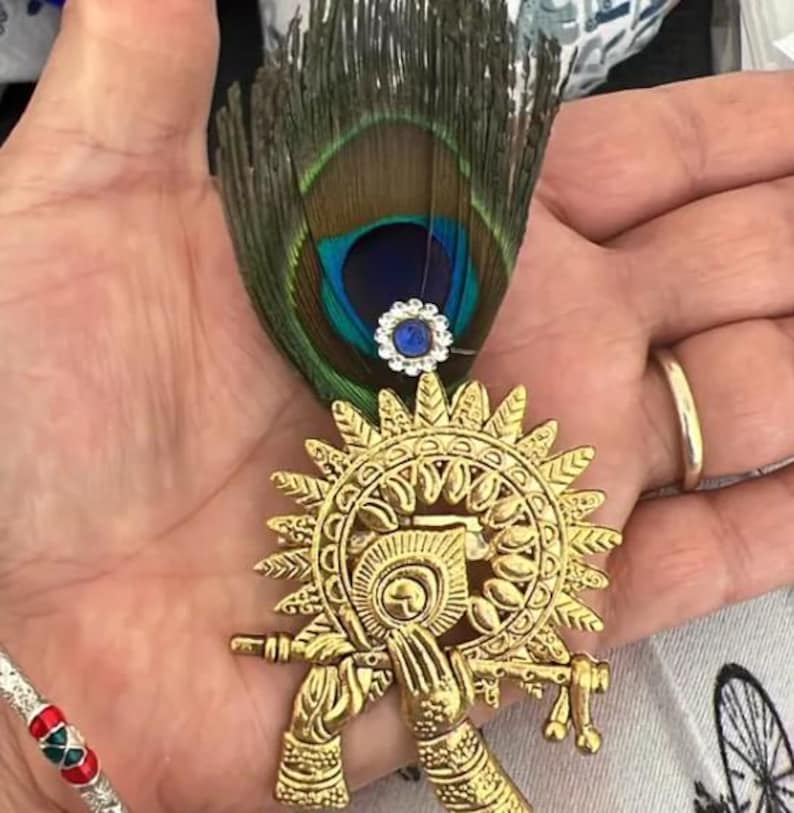 Broche de plumas de pavo real con flauta Krishna / Broche de perla Kundan india / Joyería étnica tradicional para bodas, festividades y regalos de regreso imagen 5