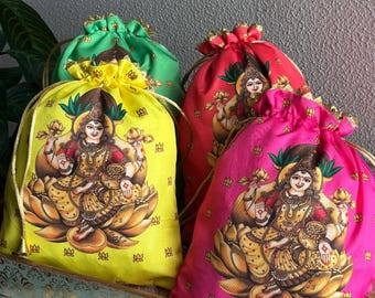 Bolsas Potli de seda hechas a mano - Estampado de Lakshmi, colores surtidos - Juego de 100