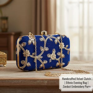 Velvet Embroidered Party Clutch, Traditional Indian Handbag, Festival Accessory, Bridal Evening Purse with Chain