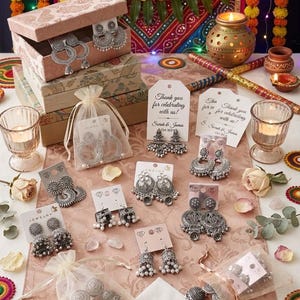 May include: A collection of silver-toned jhumka earrings featuring intricate metalwork and small white bead accents. The earrings are displayed on white cards, inside sheer organza pouches, and within a decorative patterned gift box.