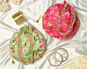 Bolsas Potli de seda bordadas - Recuerdo de boda indio - Juego de 100