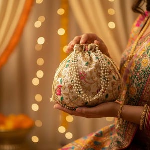 May include: A cream-colored drawstring pouch with floral embroidery and a pearl beaded strap. The pouch is held in front of a blurred background with warm tones. The pouch has pink and red floral designs.