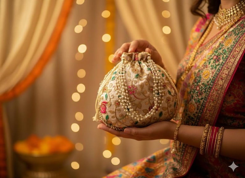 May include: A cream-colored drawstring pouch with floral embroidery and a pearl beaded strap. The pouch is held in front of a blurred background with warm tones. The pouch has pink and red floral designs.