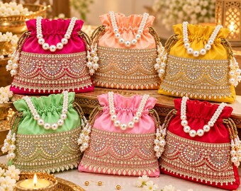May include: Six drawstring pouches in fuchsia, peach, yellow, light green, pink, and red satin. Each bag features a white pearl handle, gold metallic embroidery, and intricate beadwork in a scalloped pattern along the lower section.