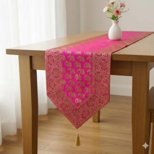 80X14 Inches Luxury Royal Pink Elephant Brocade Satin Table Runner