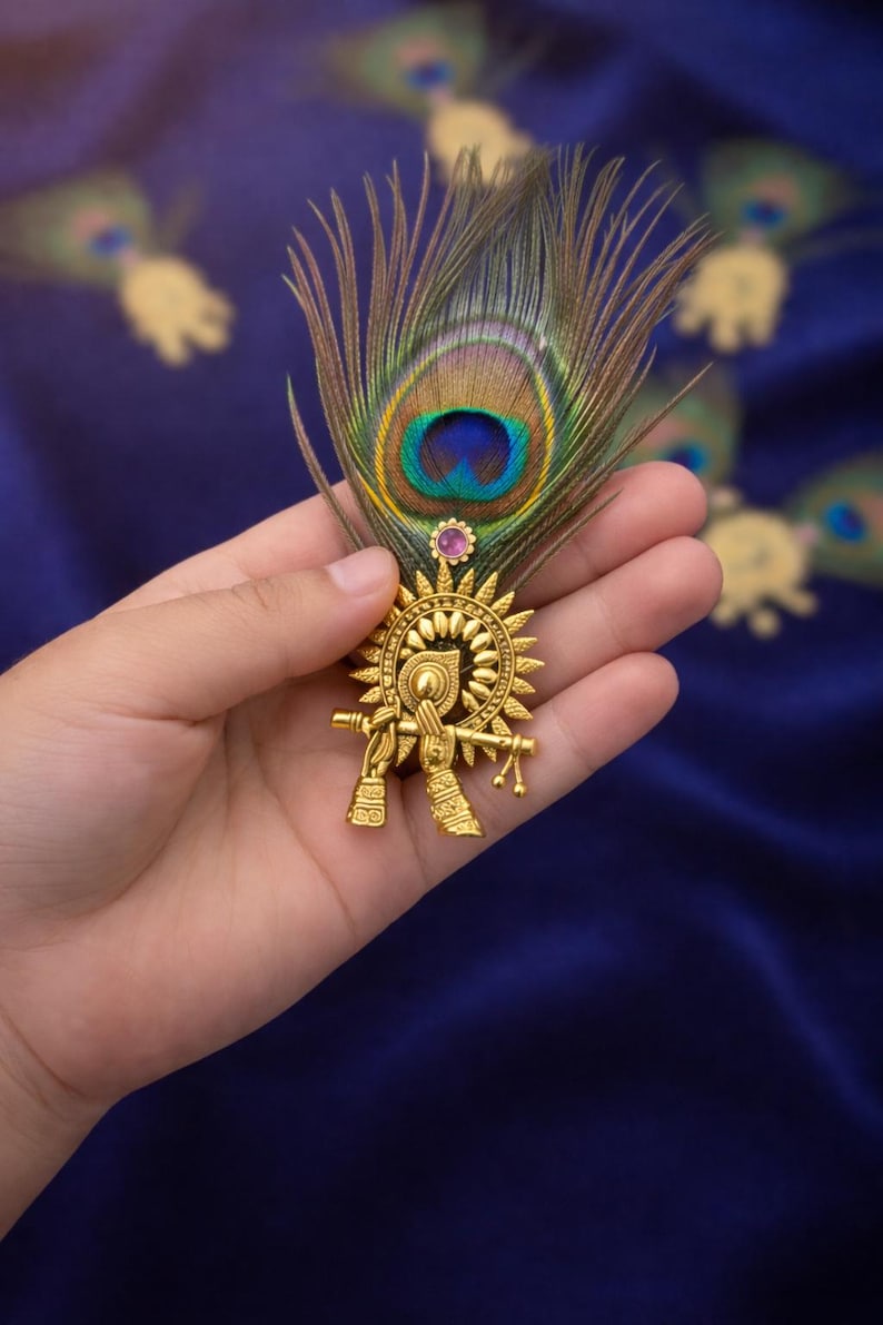 Broche de plumas de pavo real con flauta Krishna / Broche de perla Kundan india / Joyería étnica tradicional para bodas, festividades y regalos de regreso imagen 4
