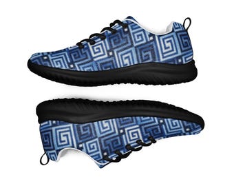 Men’s athletic shoes - Blue Greek Key Sneakers (black or white soles)