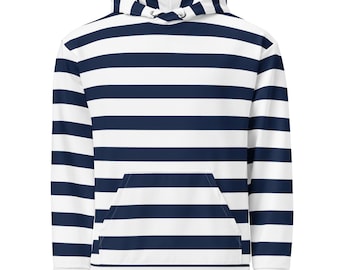 Unisex cotton hoodie - Nautical white and navy horizontal striped