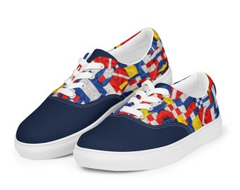 Women’s lace-up canvas boat shoes - Maritime Navy with Flags