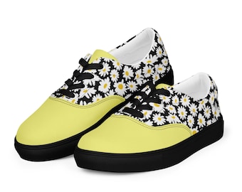 Women’s lace-up canvas shoes Daisies on Black