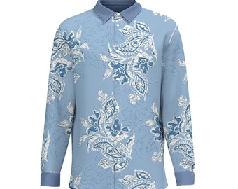 Men's Business Long Sleeve Pocket Shirt - "Blue Fleur"